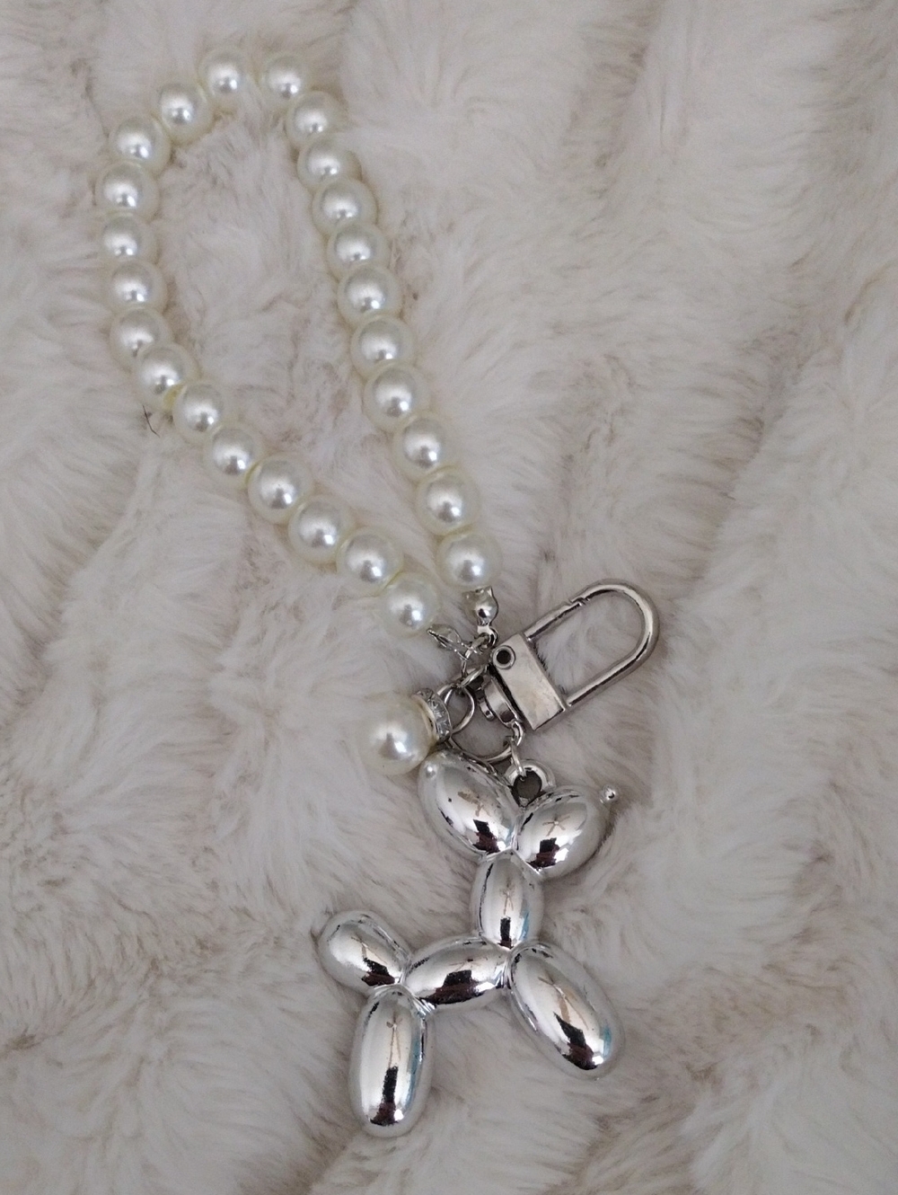 Pearl Bead Keychain Bag Charm with Silver Balloon Dog Charm